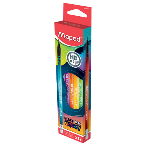Maped Black Peps Energy HB Pencil + Eraser MD-852001 -Box of 12 Pieces,